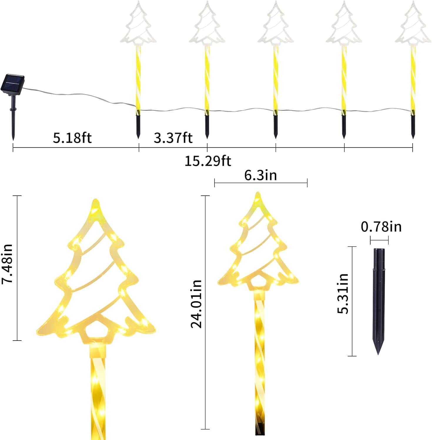 Christmas Solar Pathway Lights Outdoor Decorations, 8 Modes Xmas Tree Candy Lights Waterproof Led Garden Stake Light for Walkway Yard Lawn Porch Holiday Decor 5-Pack
