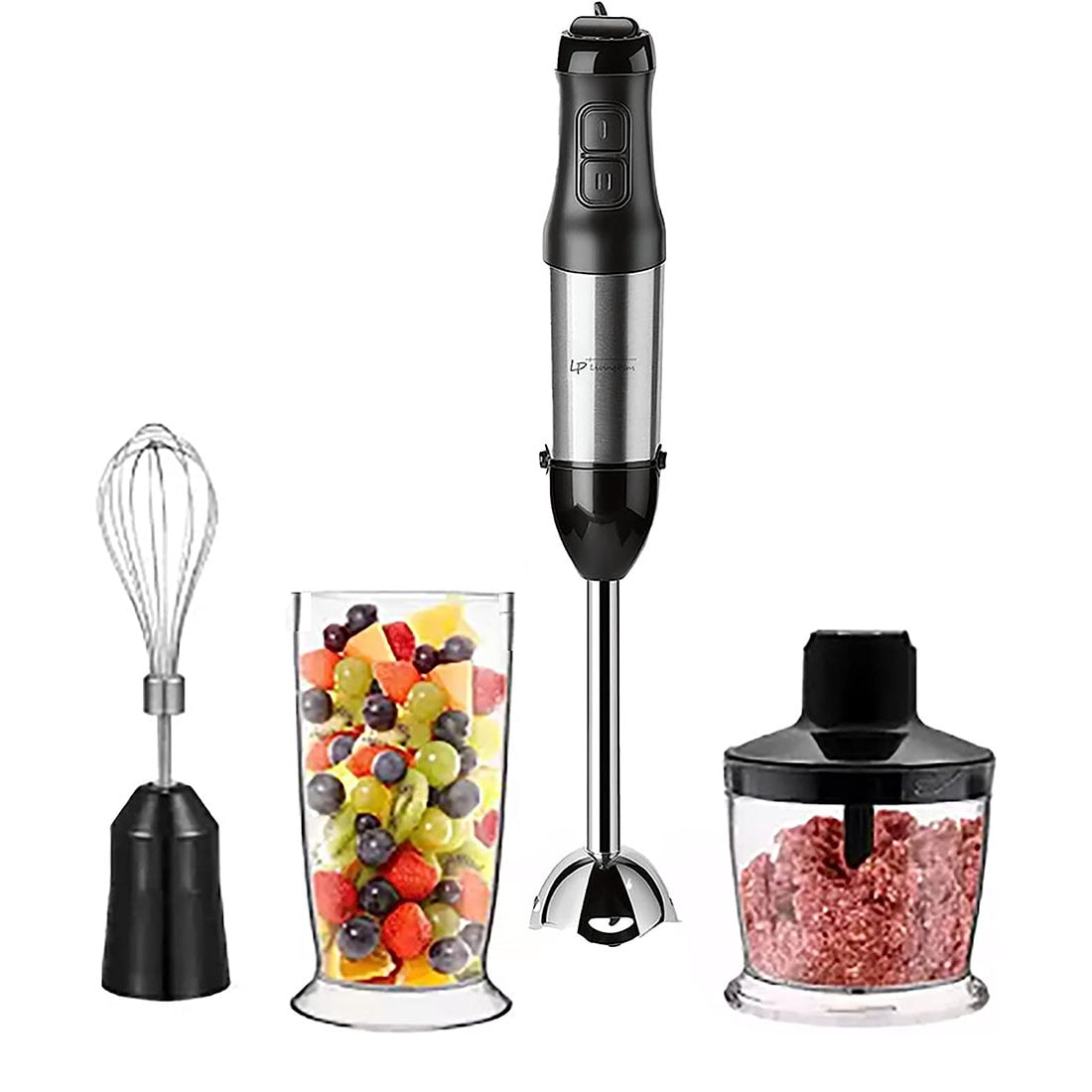 Lp Living Plus 4-in-1 Electric Hand Blender, Powerful 500W Stainless Steel Blender with Whisk, Chopper, Beaker, Easy to Clean, Advanced Noise Reduction