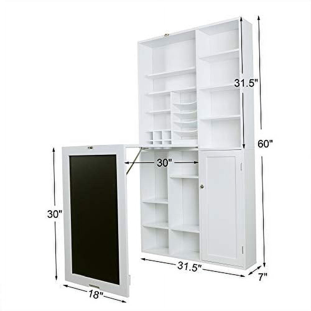 Utopia Alley Collapsible Fold Down Desk Table with Large Storage Cabinet  & Bottom Shelves - Convertible Foldable Desk Furniture with Chalkboard Wall - Computer Desk with Storage - White