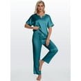 thumbnail image 3 of DAKIMOE Womens Silk Satin Pajama Sets Short Sleeve Pjs V Neck Pajamas for Women with Long Pant S to XL, 3 of 8
