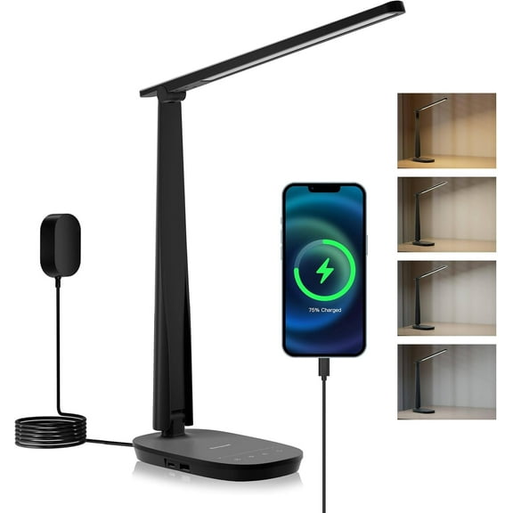 HONEYWELL LED Desk Lamp - HWT-H2 Sunturalux™ Eye-Caring Foldable Desk Light with USB A C Dual Charging Port 4 Color Modes Dimmable Table Lamp for Home Office Bedroom Reading Study Work - Black
