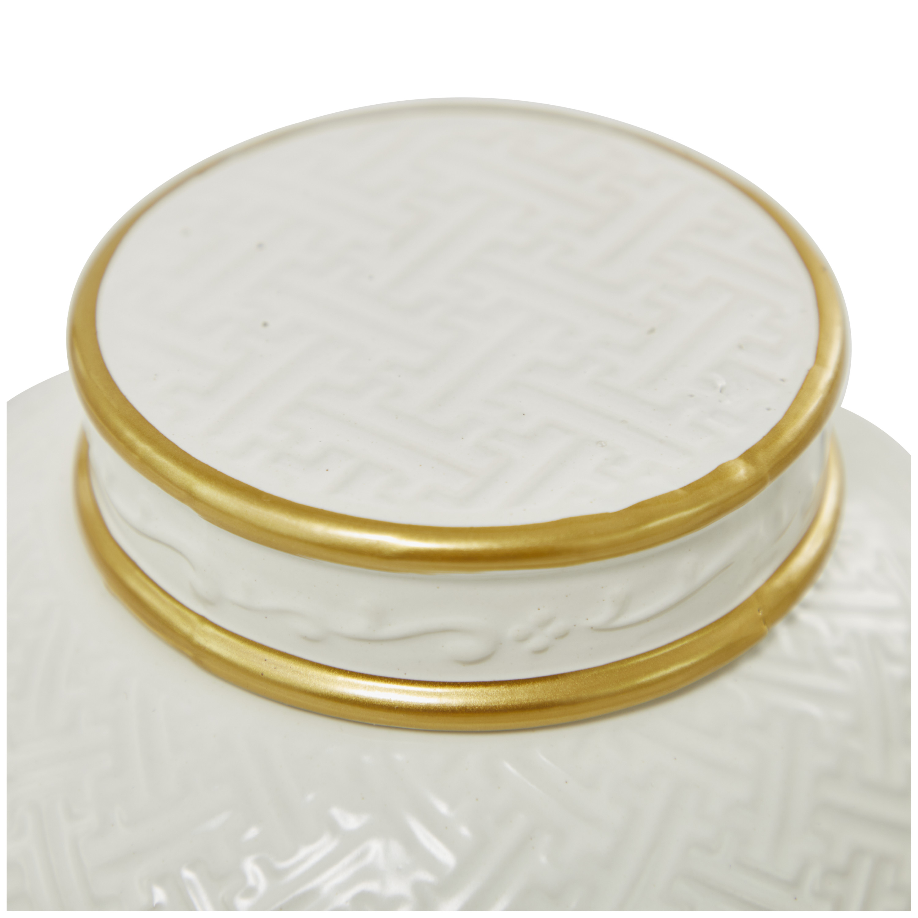 DecMode 10"W, 8"H White Ceramic Decorative Jars with Gold Accents, 2-Pieces