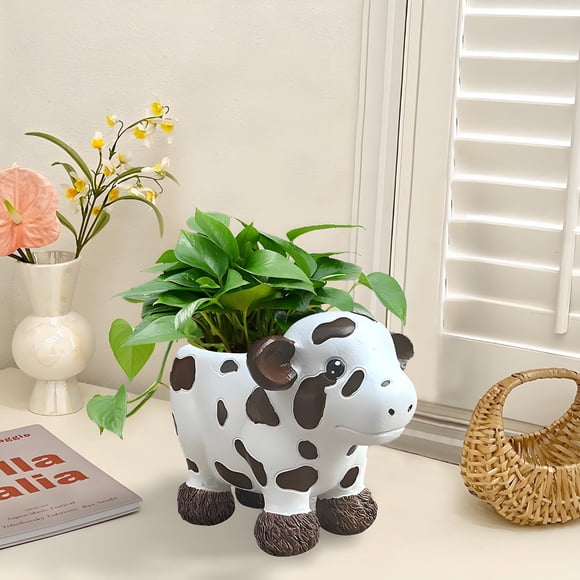 Yatlte Cow Planter Pot - Cute Animal Planter Cow Dog Shaped Funny Small Succulent Pot - White Ceramic Plant Pot with Tray for Mini Plants Flowers Cactus (Cow)