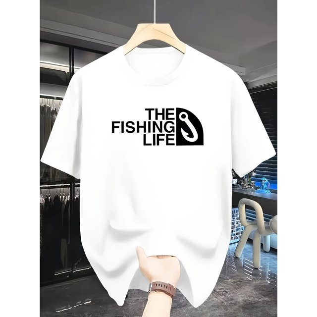 Men'S Casual Crew Neck T-Shirt - "The Fishing Life" Graphic, Dark Blue, Short Sleeve, Summer Outdoor Tee for Adults, Fishing T Shirt