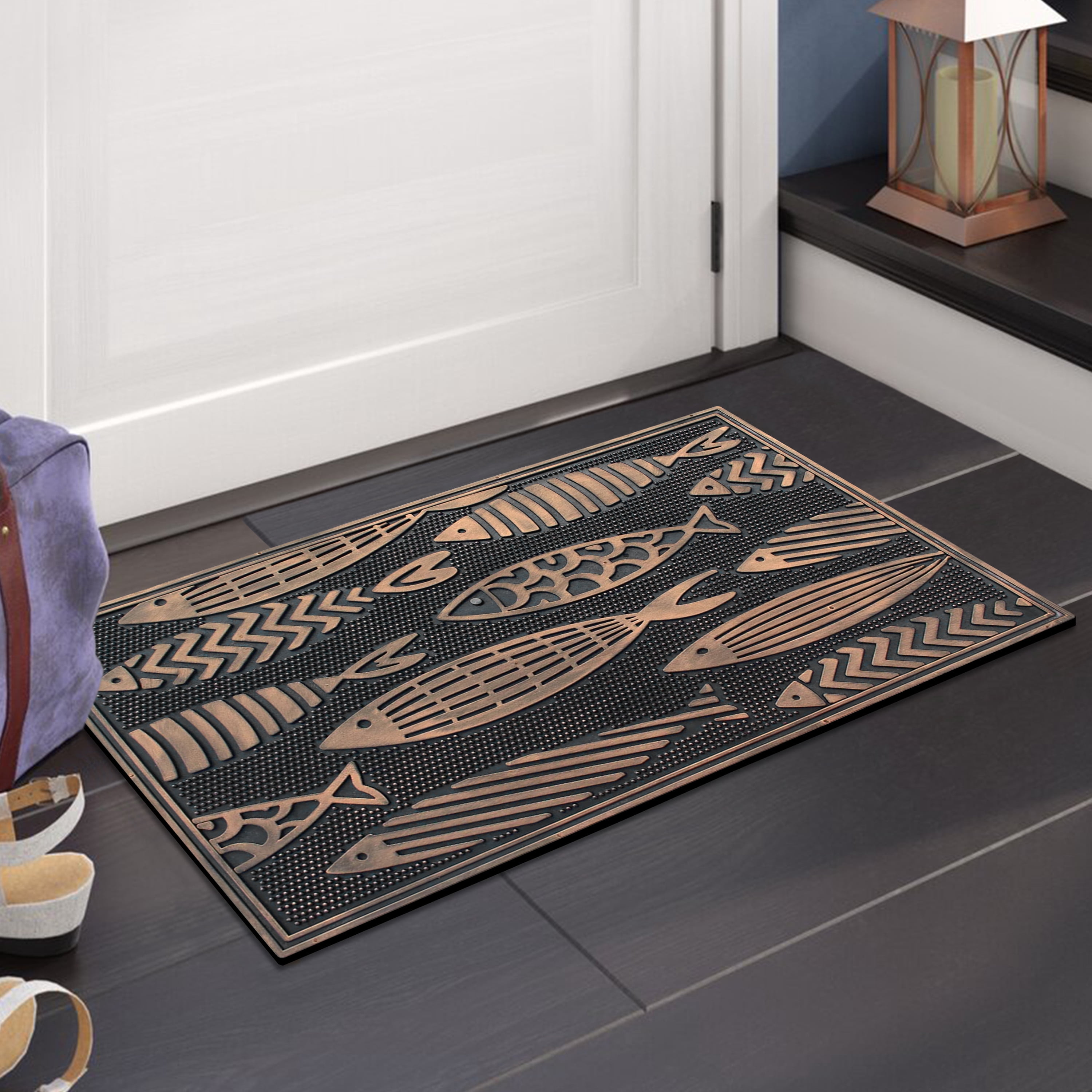 A1HC Rubber Pin Doormat for Outdoor Entrance, Nautical Fish Designed Welcome Front Door Mat, Non-Slip Backing Mat for Outside, 18x30