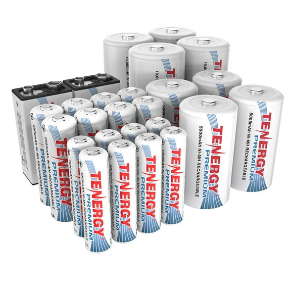 Tenergy Premium NiMH Rechargeable Batteries Combination, (8xAA,8xAAA,4xC,4xD,2x9V)