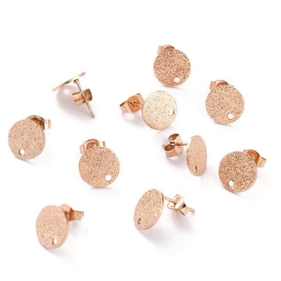 20pc Ion Plating(IP) 304 Stainless Steel Stud Earring Findings Textured Flat Round Rose Gold 10x1mm Hole: 1.4mm Pin: 0.8mm
