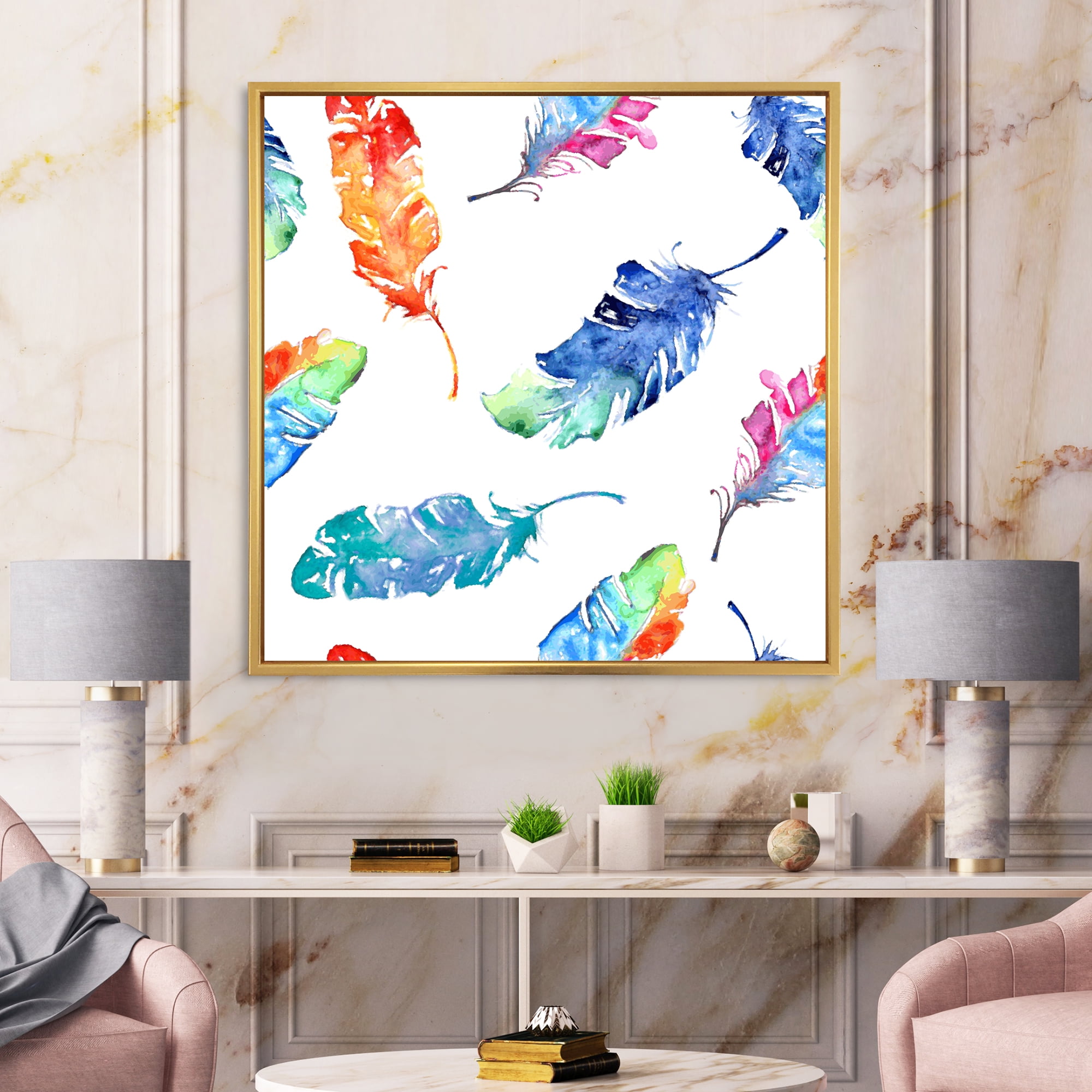 Designart 'Ethnic Colorful Feathers' Bohemian & Eclectic Framed Canvas Wall Art Print