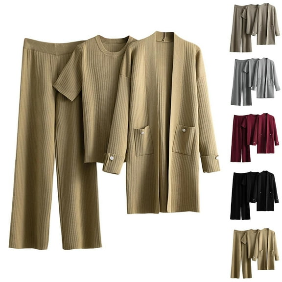 YOIAVAIOY 3 Piece Outfits for Women Knit Lounge Set Shorts Sleeve Top Cardigan and High Waist Wide Leg Pants Business Casual Matching Set Brown Free Size