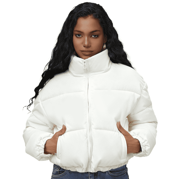 Women's white Cropped Puffer Jacket Fashion Winter Warm Quilted Coat