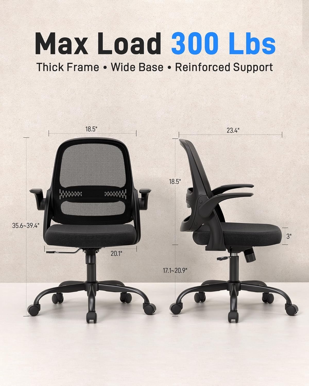 Ergonomic Mesh Office Chair for Home Office, Flip-Up Arms, Breathable Mesh Back & Thick Seat Cushion, Swivel Rolling Computer Desk Chair, Supports 300 lbs (Black Frame/Black Seat)