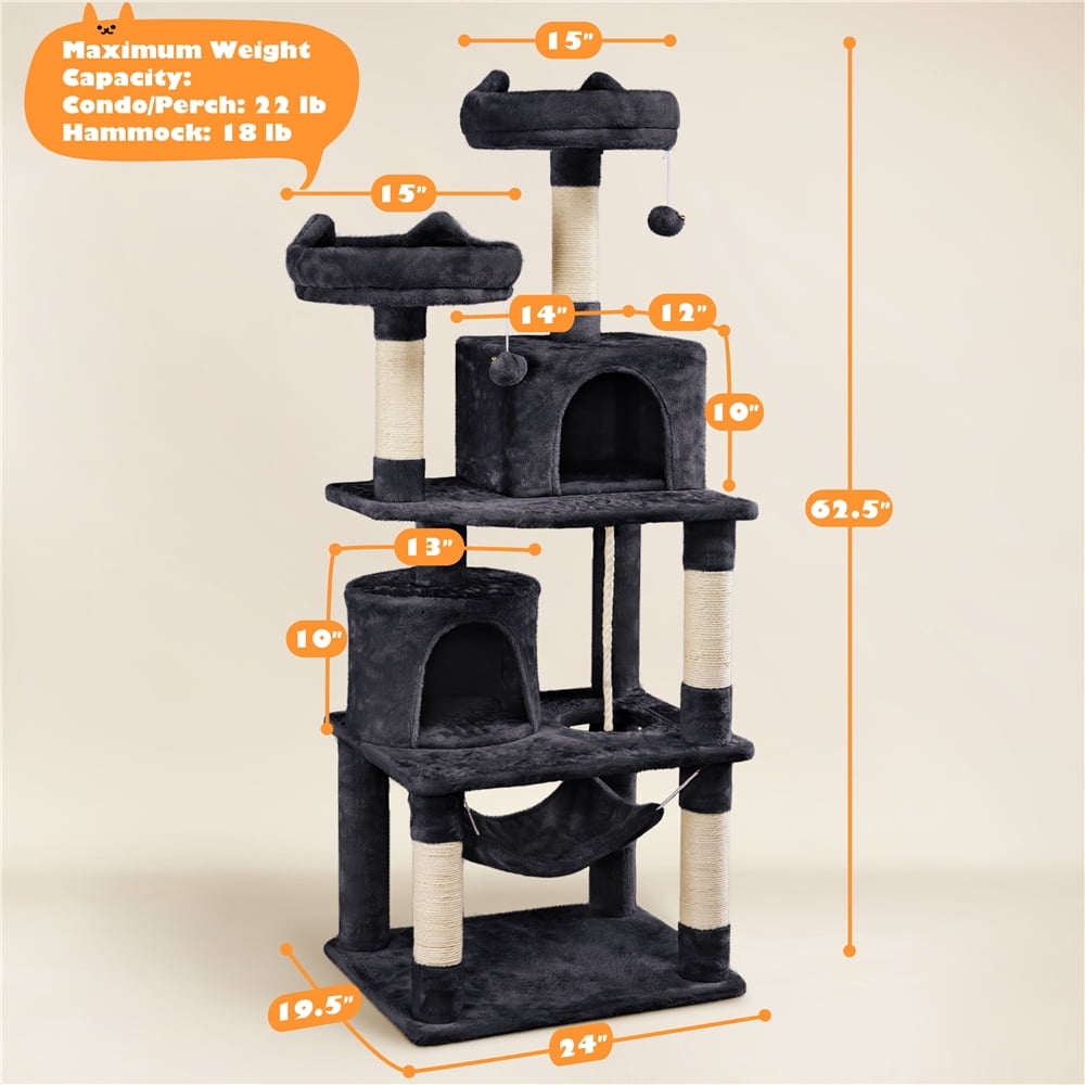 Yaheetech 62" H Multi Level Cat Tree Tower with 2 Condos & Scratching Post, Black