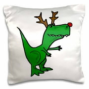 3dRose Funny Green T-Rex Dinosaur Dressed as Rudolph Reindeer, Pillow Case, 16 by 16-inch