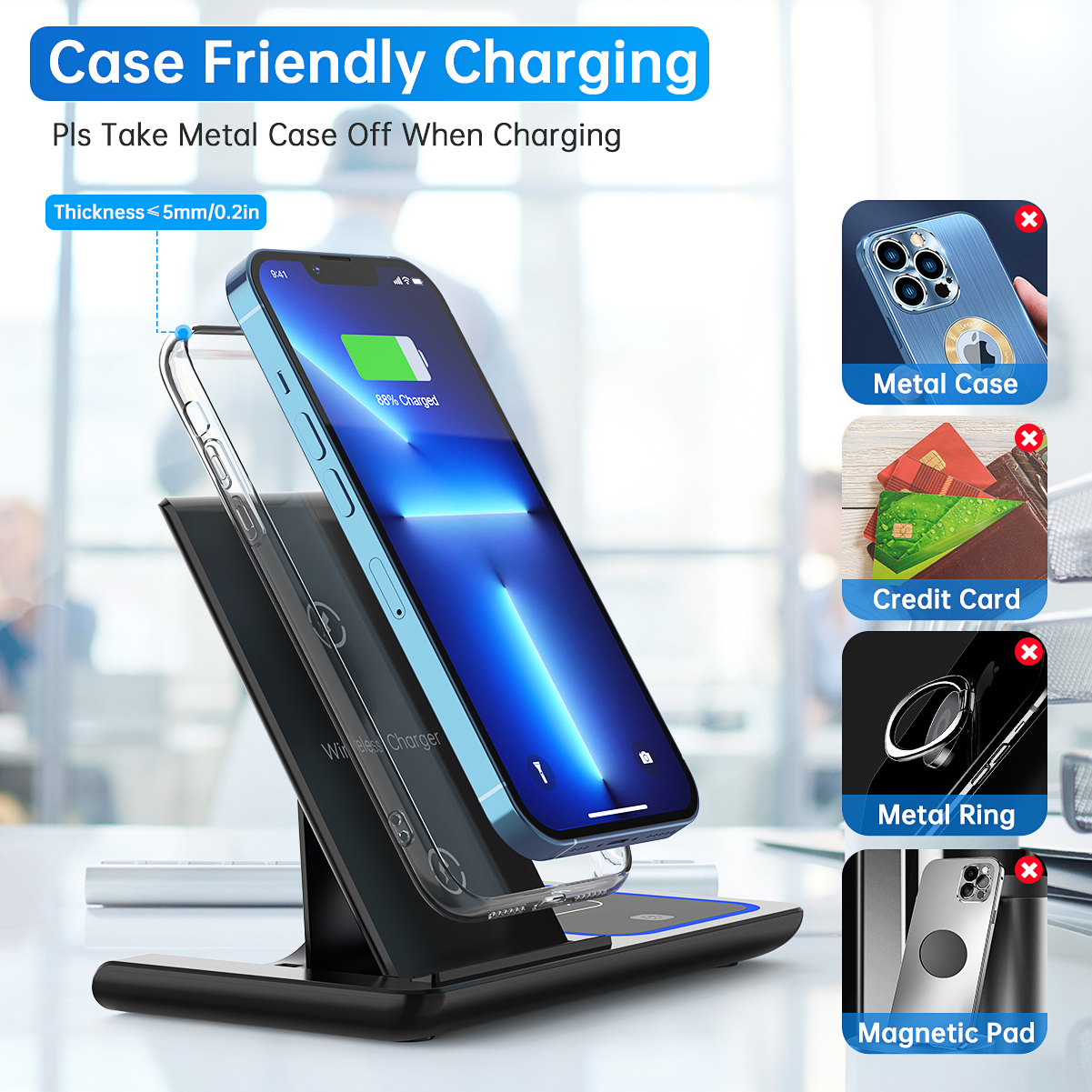3 in 1 Wireless Charger, 18W Fast Charger Pad Stand Charging Station Dock for iWatch Series SE 8/7/6/5/4/3 Airpods Pro/3/2 for iPhone 15/14/13/12 /11/Pro Max/12 Pro /XR (With QC3.0 Adapter) - image 4 of 10