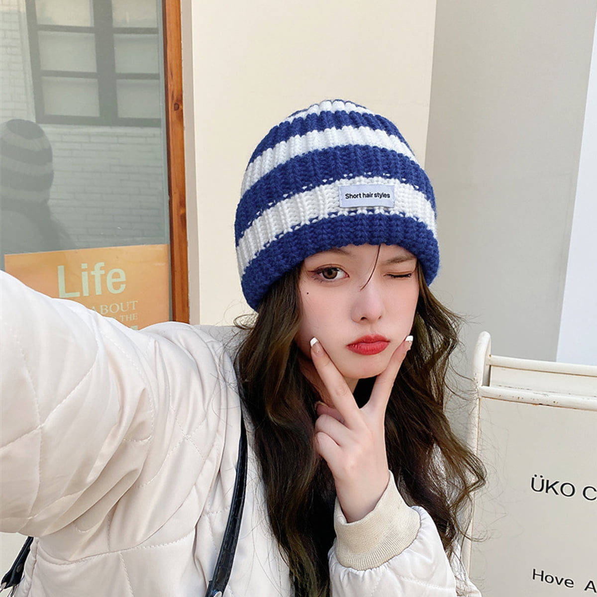 帽子 y.a.r.n knit hat Beanie Hats for Men Women, Vertical Stripes Thick Two-Color