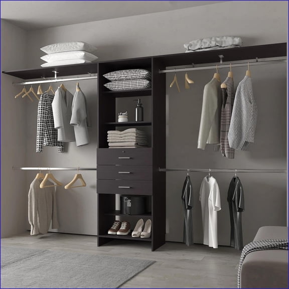 Modular Closet Organizer System with 4 Hanging Rods & 3 Drawers | Dark Brown | Particle Board