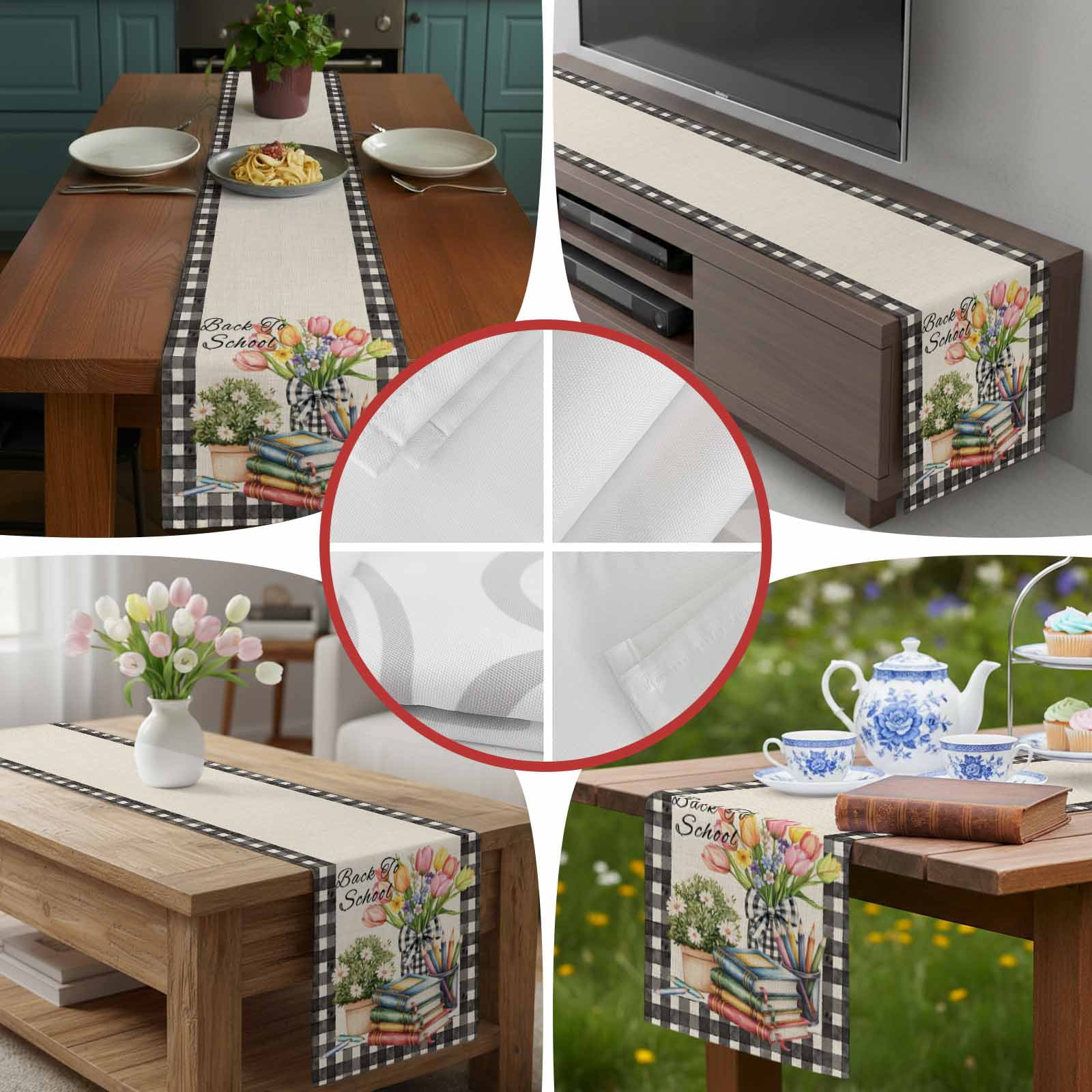 Retro Books Pencils Potted Plants Table Runner 90 Inches Long, Black Plaid on Linen Table Runners Tabletop Scarf Kitchen Dining Tables Decoration for Home Party Indoor Outdoor