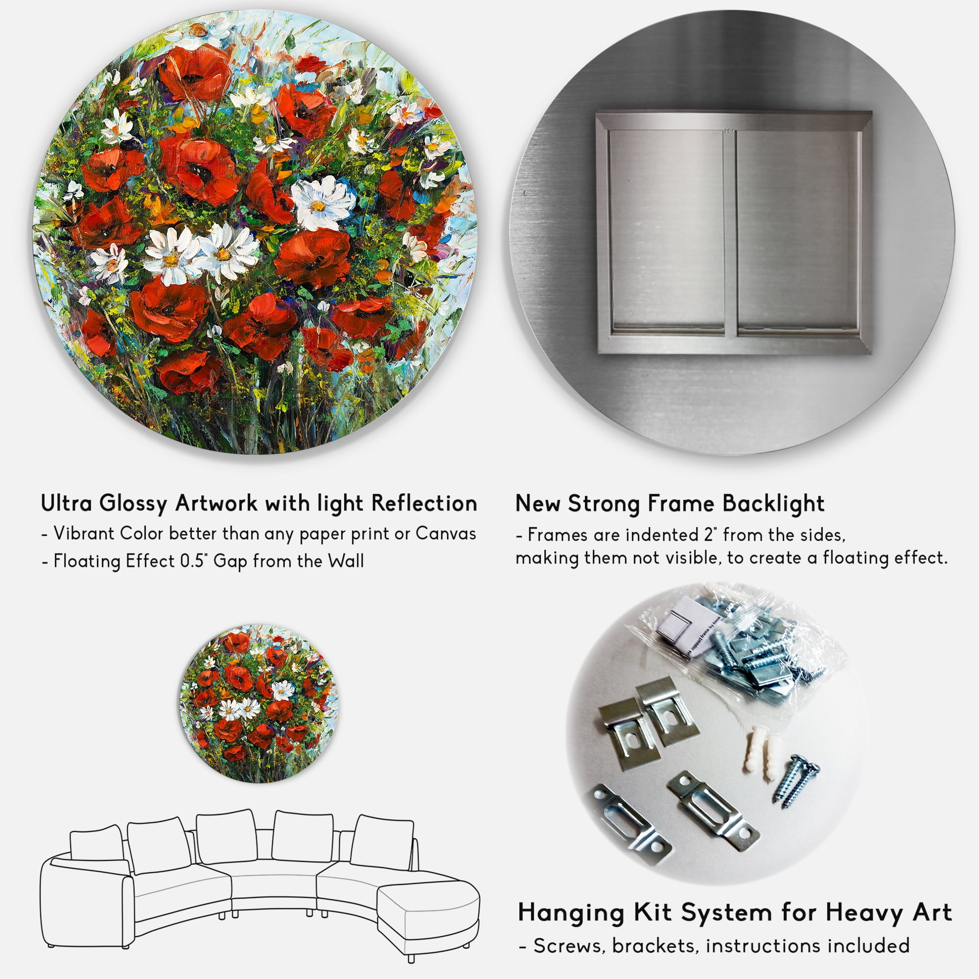 Designart 'Bouquet Of White and Red Wildflowers' Traditional Circle Metal Wall Art 23x23 - Disc of 23