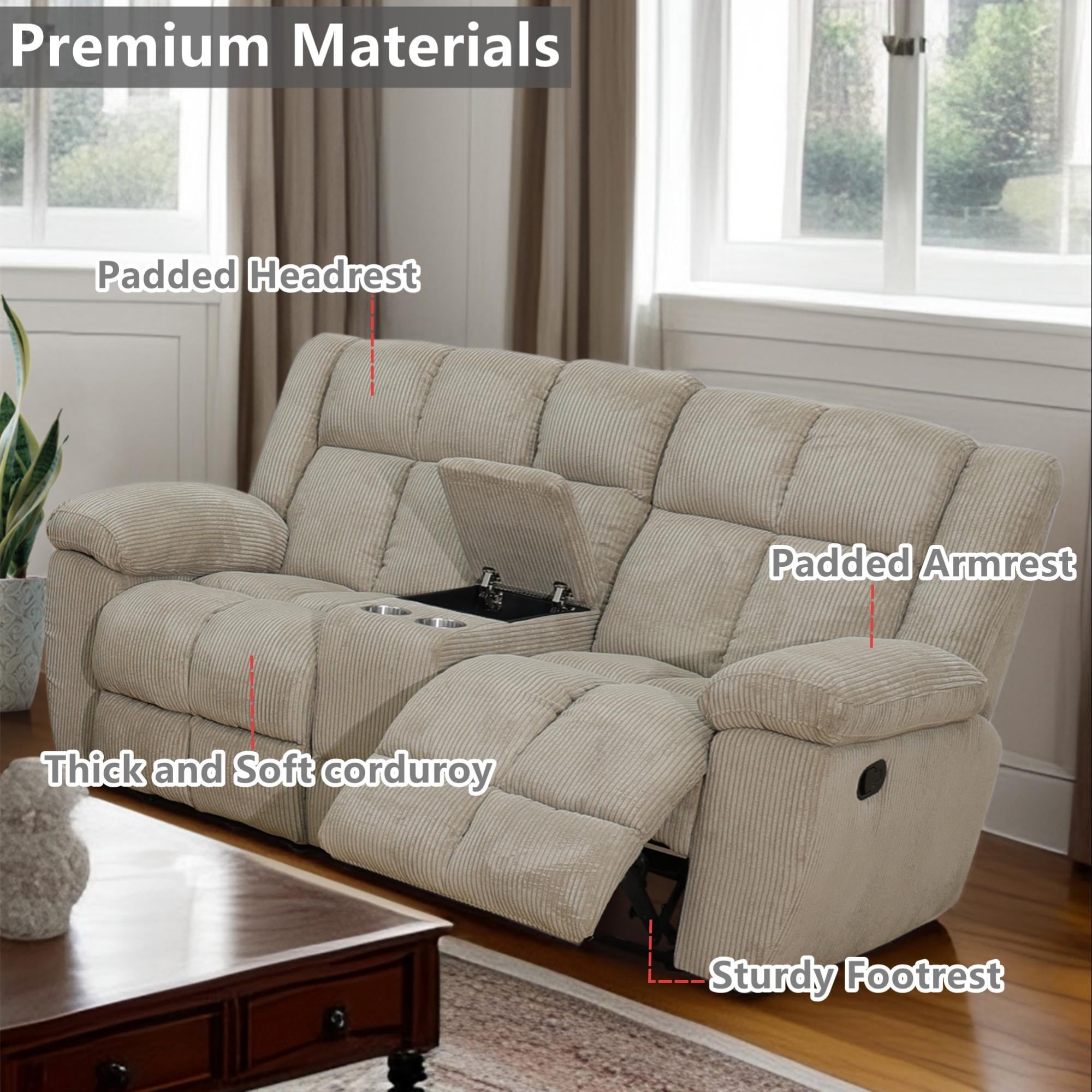 Aukfa 3-Piece Recliner Sofa Set, Oversized Armchair+Loveseat +3 Seat Sofa, 2 Cup Holders&Storage Console, Corduroy, Beige