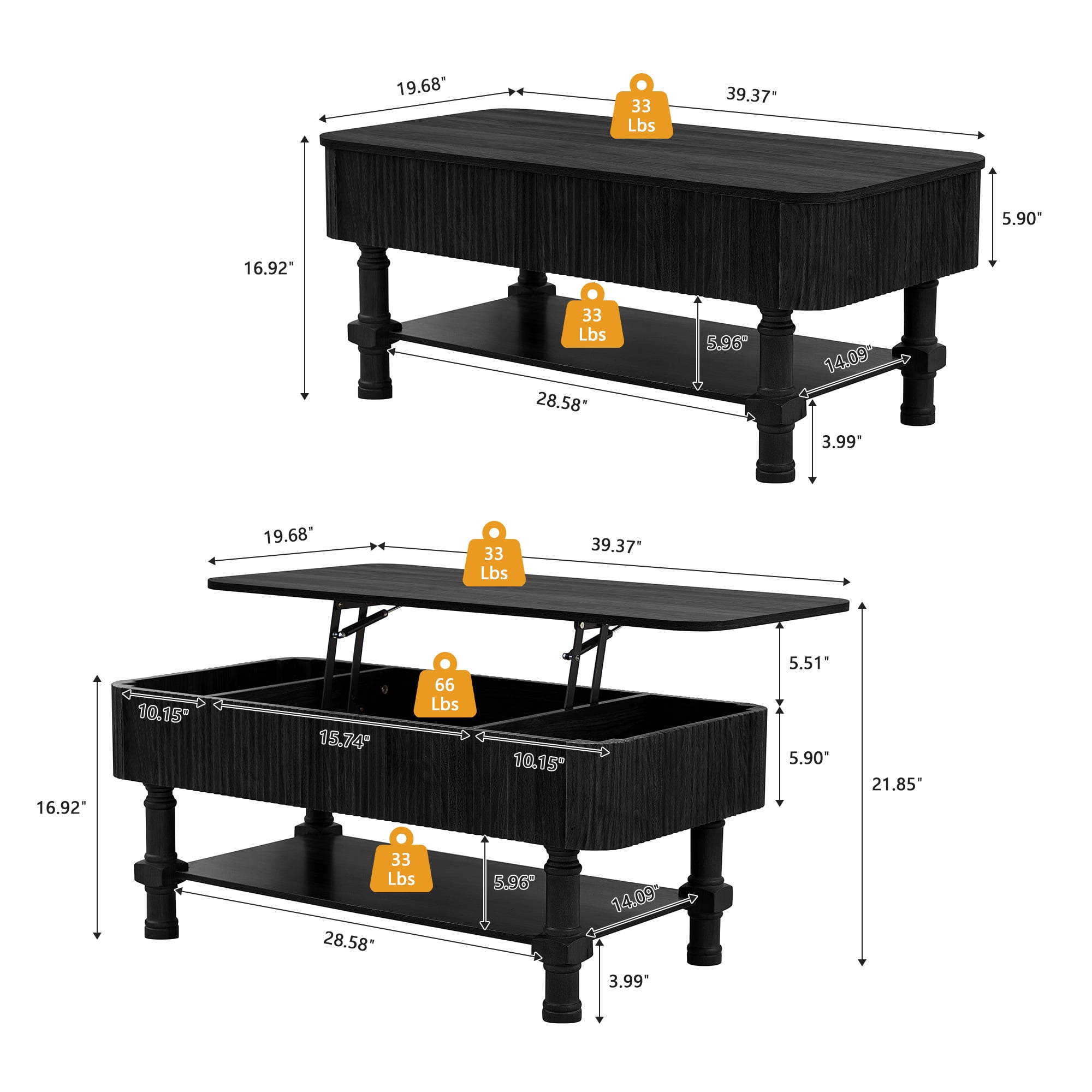 YOCWO Wood Roman Column Lift Top Coffee Table with Storage, Fluted Rectangle Coffee Table with Hidden Compartments for Living Room, Black