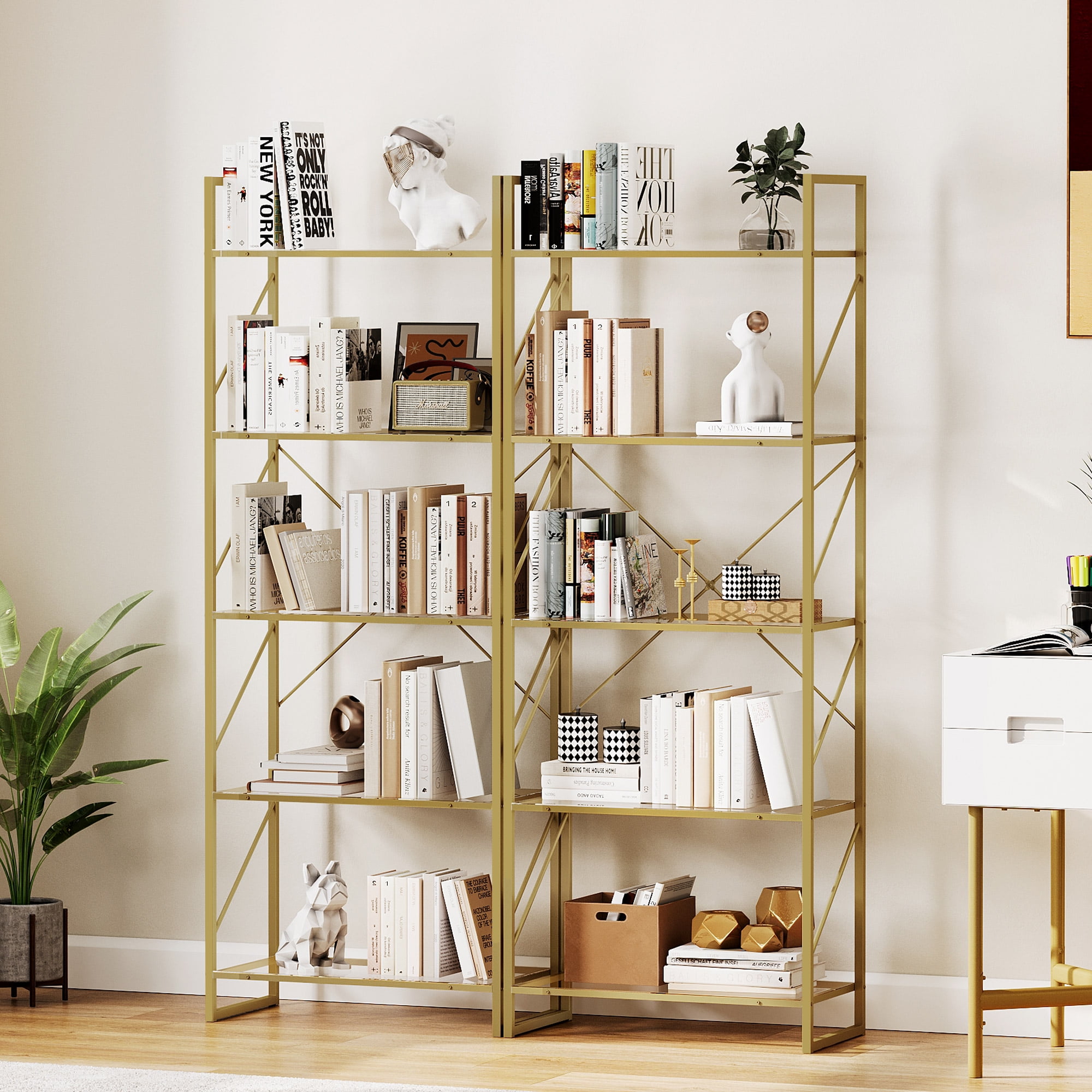 Dextrus 5-Tier Gold Bookshelf, Modern Free Standing Storage Shelf with Metal Frame,Display Shelf Storage Rack for Living Room, Acrylic and Gold Finish