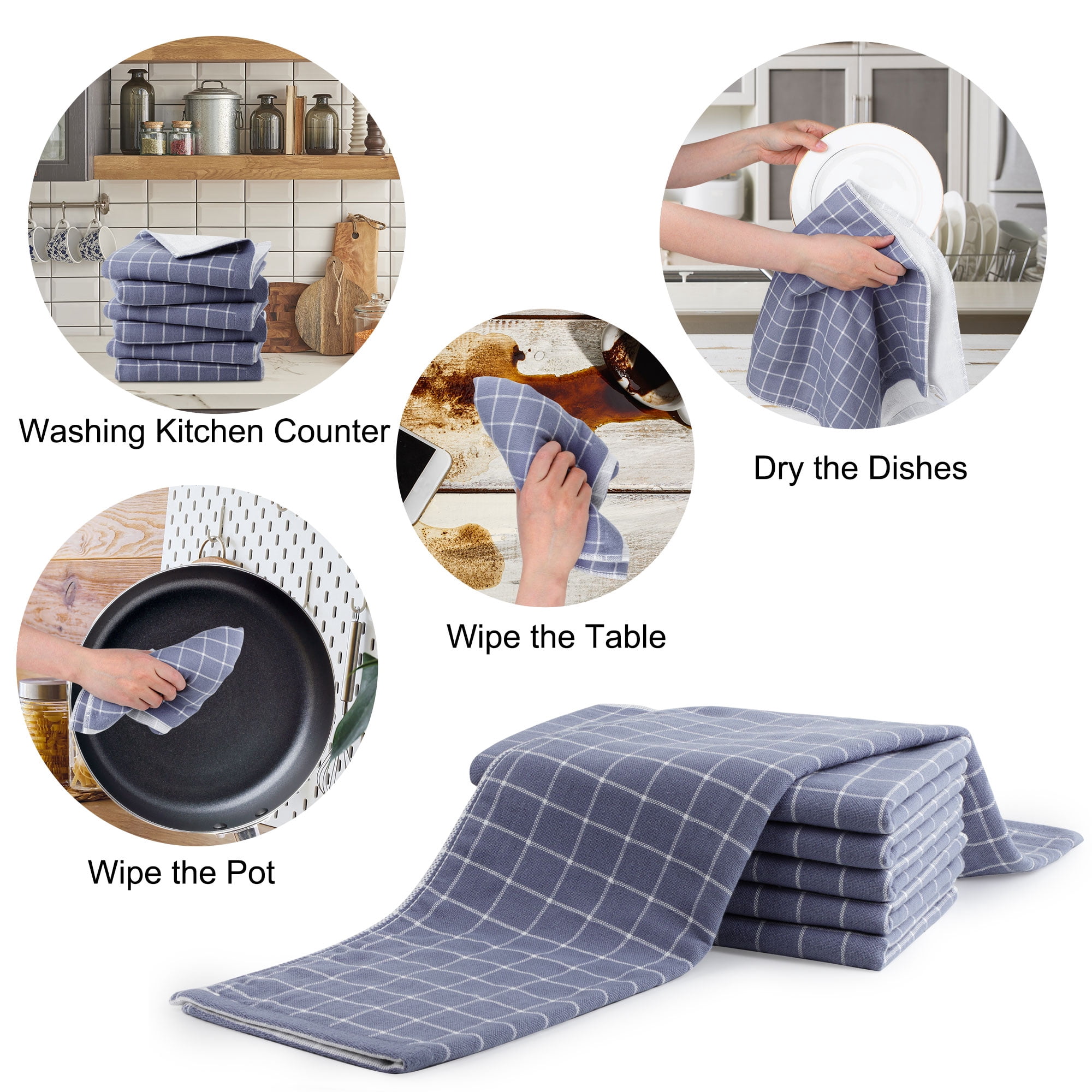 Unique Bargains 6-Pack Cotton Absorbent Plaid Kitchen Towels, 13" x 29" Blue