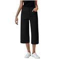 thumbnail image 3 of YOIAVAIOY Capri Pants for Women Business Casual Loose Fit Work Cropped Pants Button Stretchy Solid Capris with Pockets Black L, 3 of 7