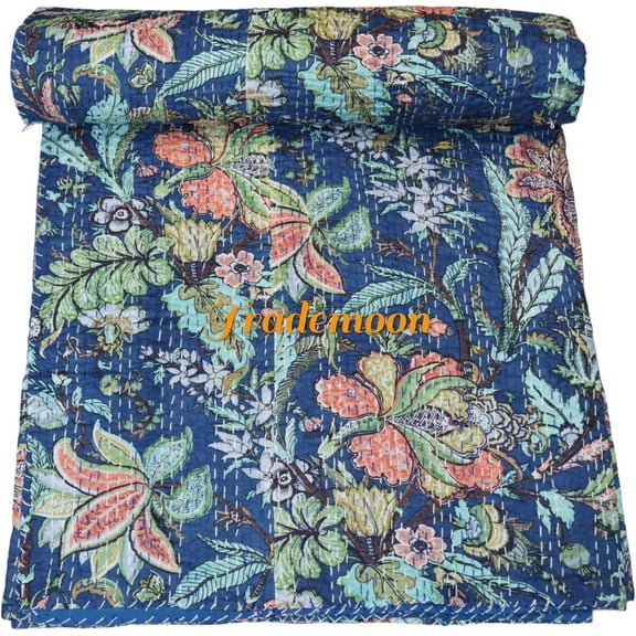 Indian Handmade Beautiful Cotton Kantha Quilt , Bedsheet , Throw Blanket Size (Twin Size - 60" x 90")