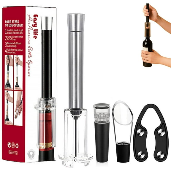 Wino on the Go Holiday Gift Set, 4-in-1 Wine Opening Set with Air Pressure Pump – Easy Cork Remover Corkscrew, Foil Cutter, Wine Pourer & Vacuum Stopper for Home Bar(Silver)