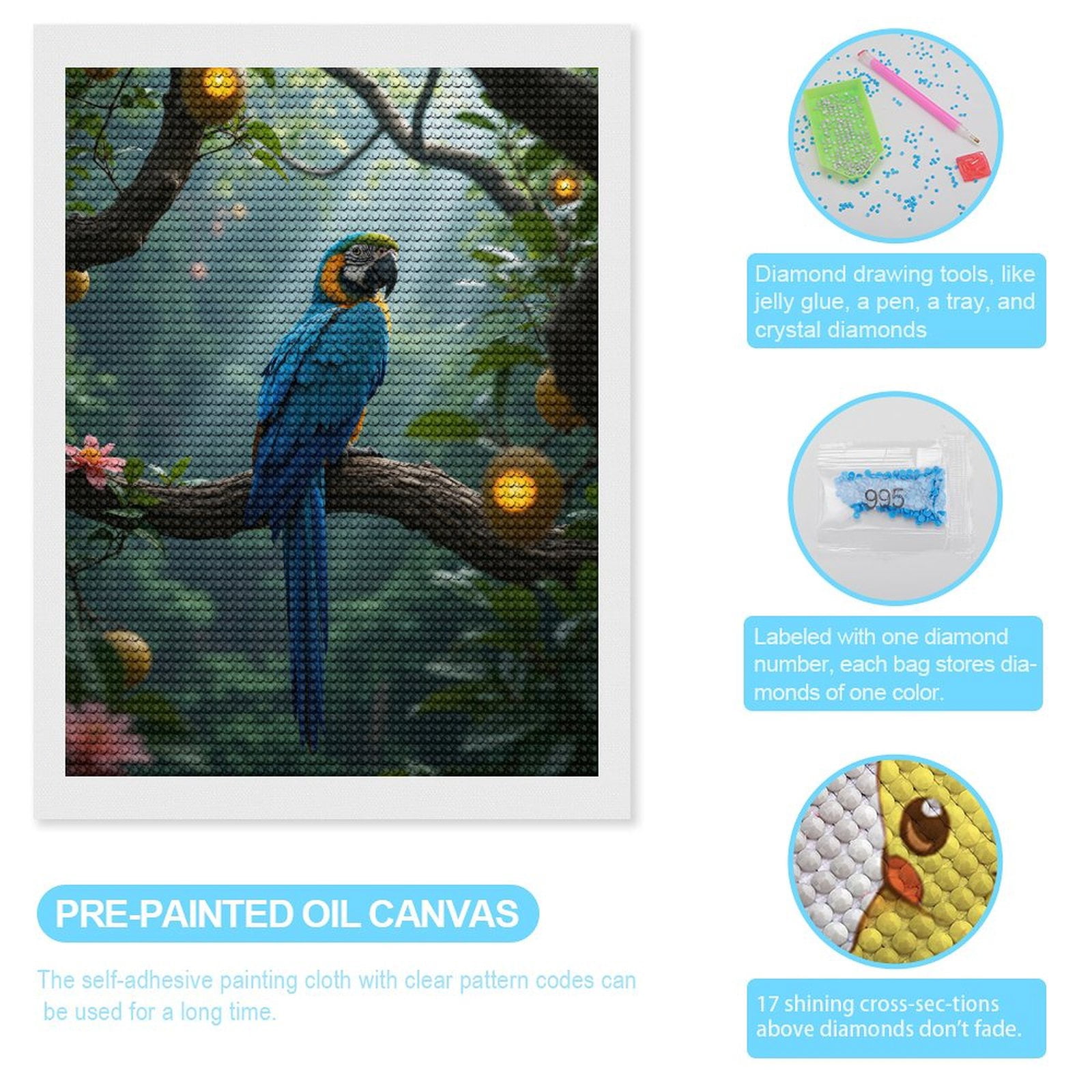 Diamond Art Kits for Adults, Blue Parrot Jungle Scene 5D Diamond Painting Kits for Adults Beginners, DIY Full Drill Diamond Painting, Gem Art and Crafts 12x16