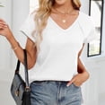 thumbnail image 4 of Mujeres de Verano Tops Nuevo Color Sólido Cuello en V Manga Corta con una Hendidura en el Doblado, Poliéster, 4 of 8