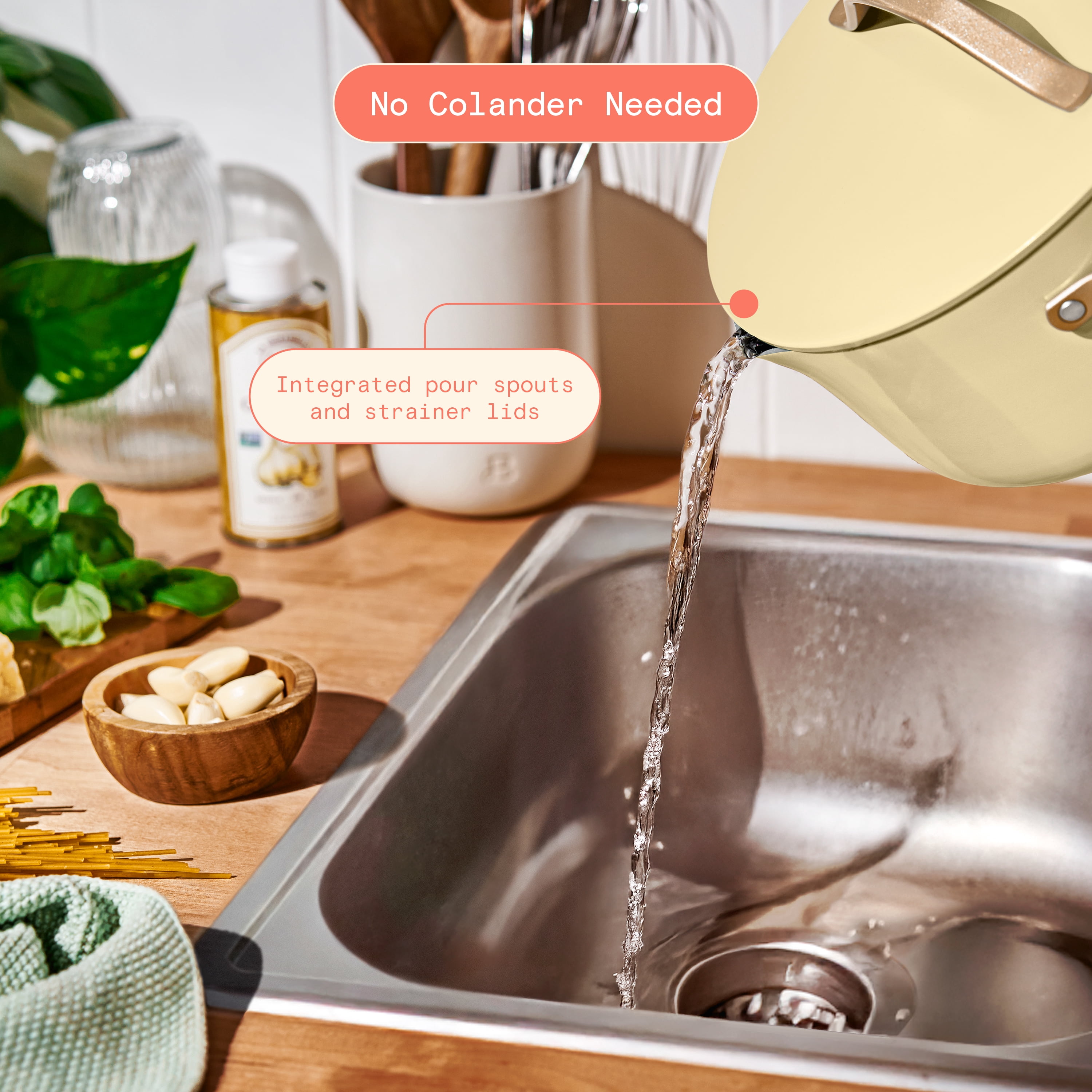Beautiful 12-Piece Ceramic Nonstick Cookware Set, Pots and Pans with Strainer Lids, Buttercream by Drew Barrymore