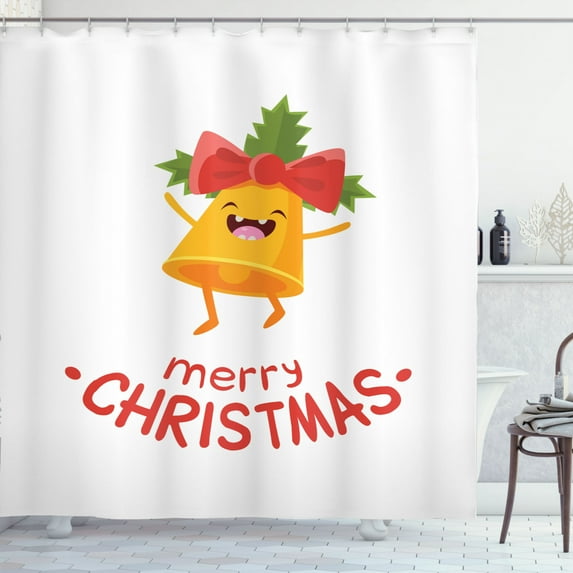 Ambesonne Christmas Shower Curtain, Cheering Happy Xmas Bell, 69"Wx75"L, Marigold Dark Coral and White