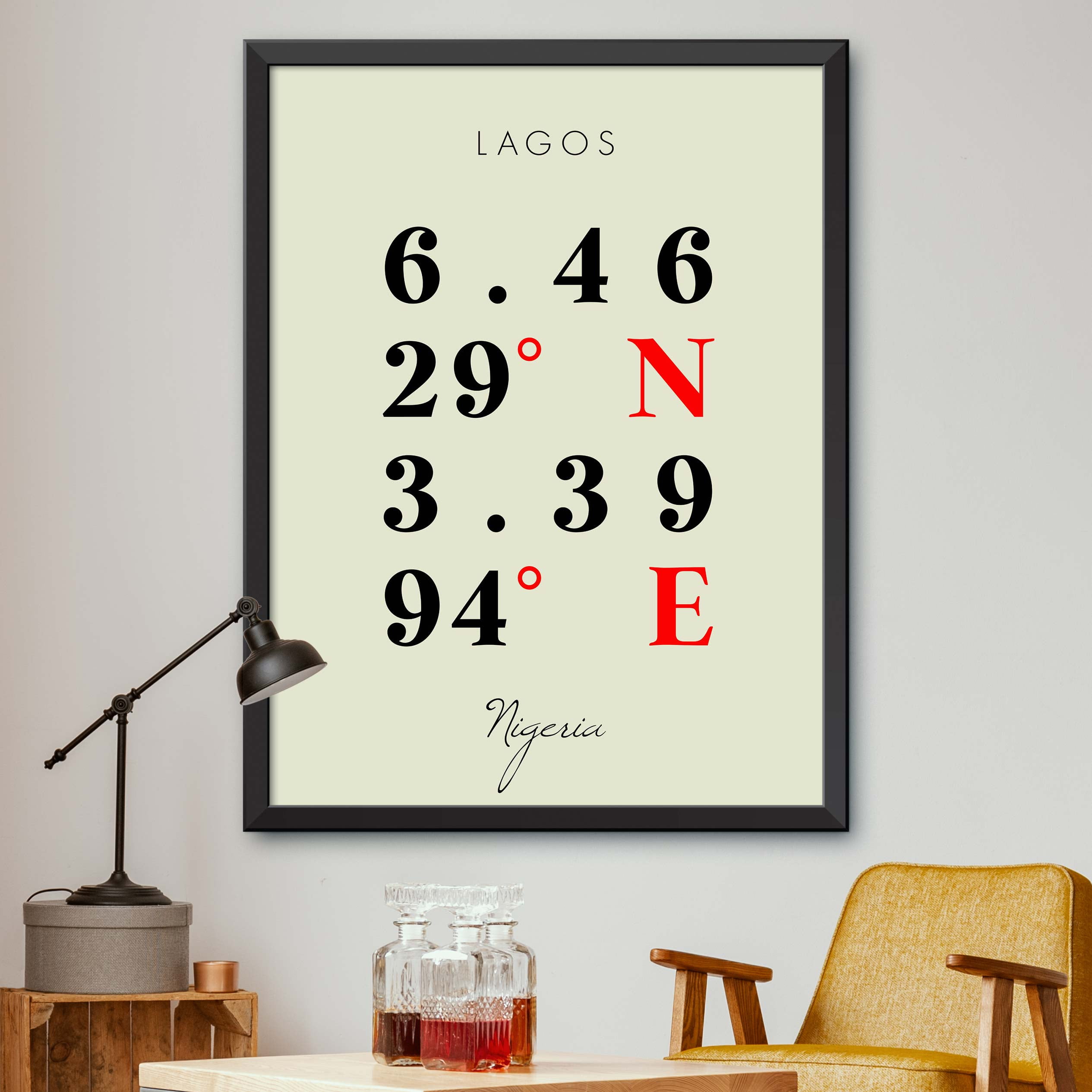 Map of Lagos, Nigeria, Multiline Coordinates Colored (12x16)