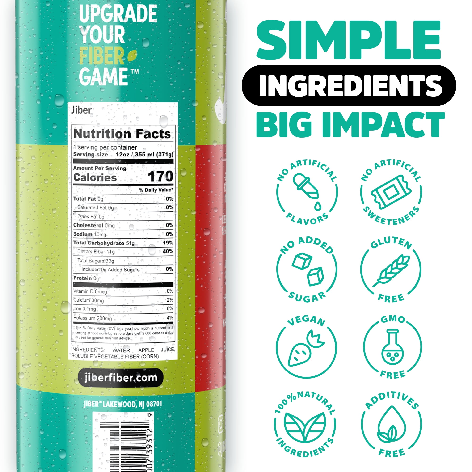 JIBER High Fiber Apple Juice Drink - No Sugar Added - 12 fl oz Apple Juice Cans with 40% Daily Fiber Supplement - Prebiotic Drink- Healthy Drinks for Kids - Juice for Teens, Adults & Seniors -12 pack