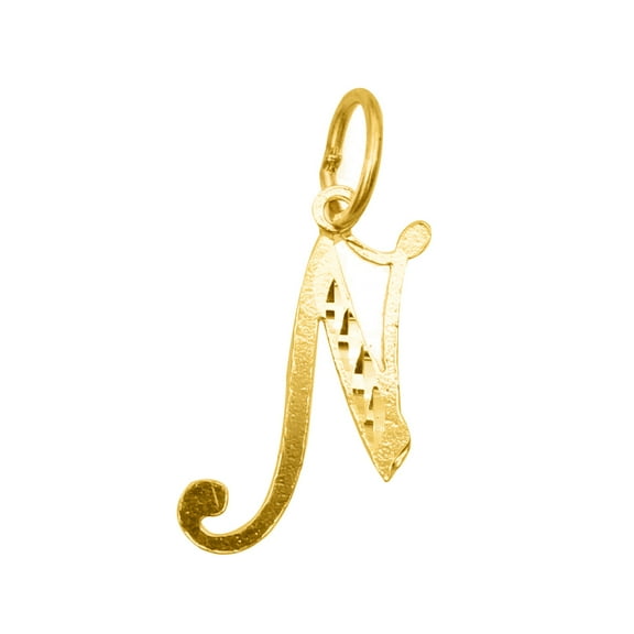 Precious Stars 14K Yellow Gold Diamond-cut Cursive Letter Unisex Initial 'N' Pendant - No Chain, Pendant Only