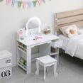 thumbnail image 3 of LED Lighted Kids Vanity Table & Chair Set – Adjustable Lighting, Bookshelf, Storage Drawer, Open Shelves – Wooden Princess Makeup Desk for Girls – White – Includes Accessories, 3 of 6