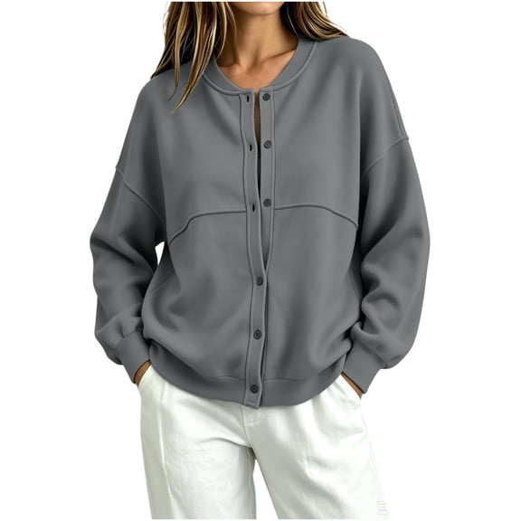 cocolona Womens Button Down Sweatshirts Crew Neck Long Sleeve Shirts Loose Casual Solid Color Jacket