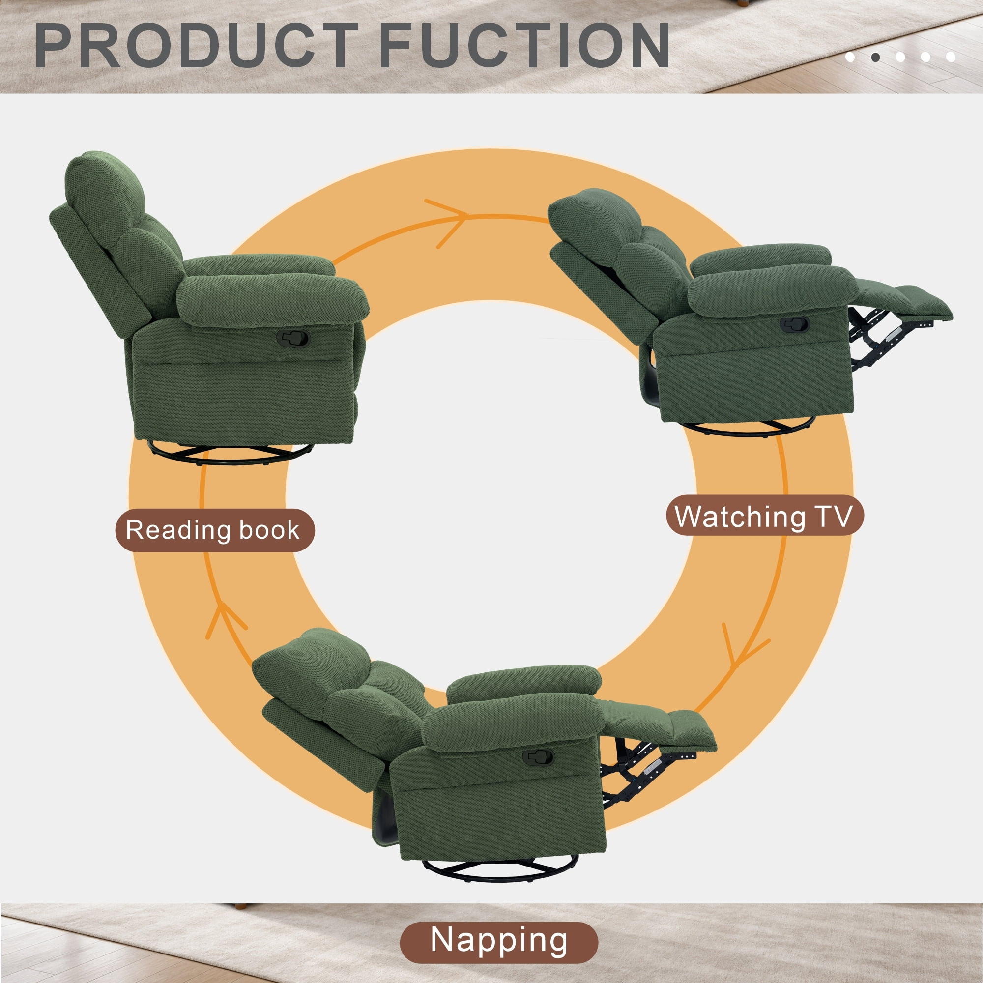 Leumius Swivel Rocker Recliner for Adults,360° Upholstered Glider Recliner Rocking Chair for Nursery,Manual Recliner Chair for Living Room, Bedroom,Dark Green