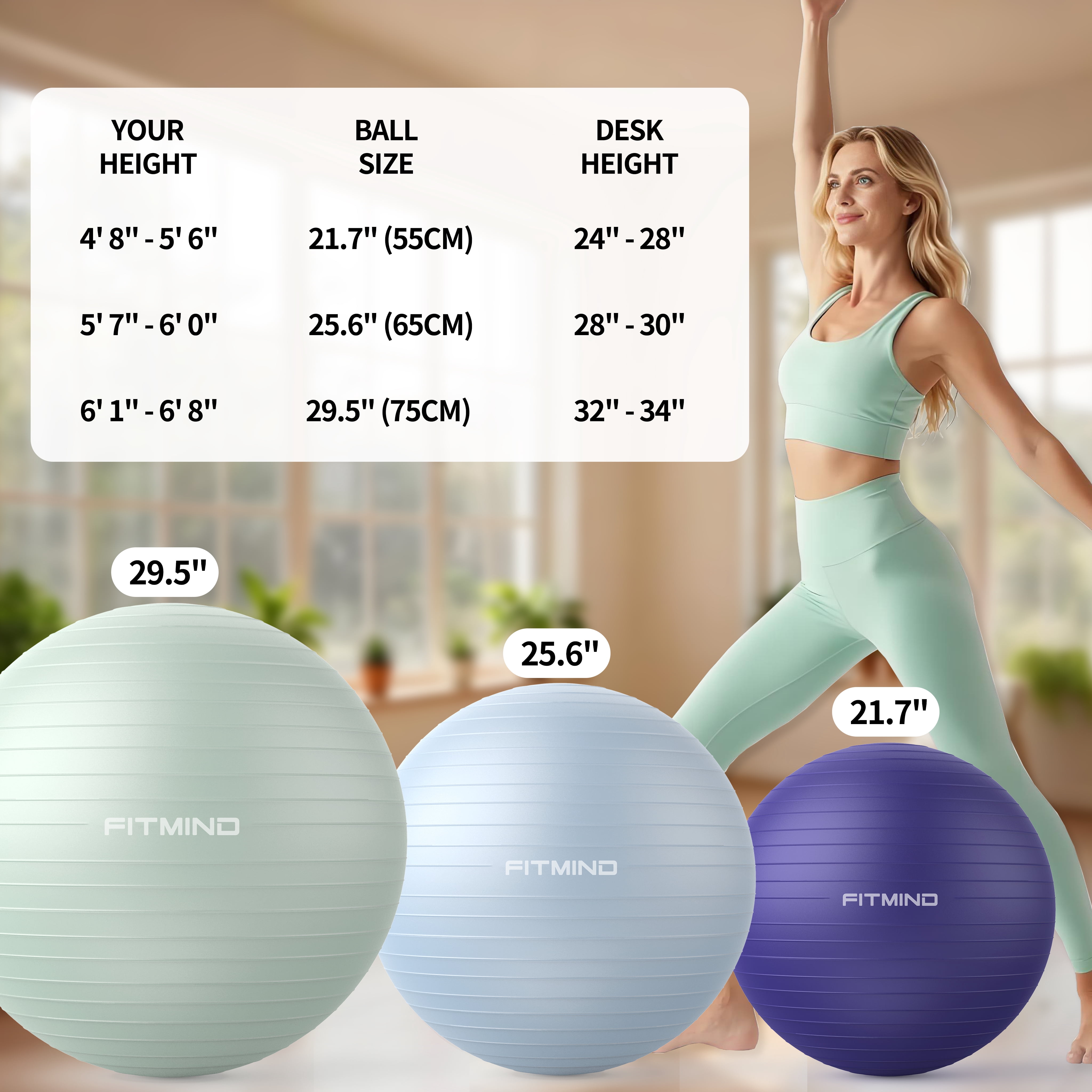 FITMIND Thick Exercise Ball 29.5" for Yoga and Pilates, 1100LB Load Bearing, Hand Pump, Anti-Burst, Purple