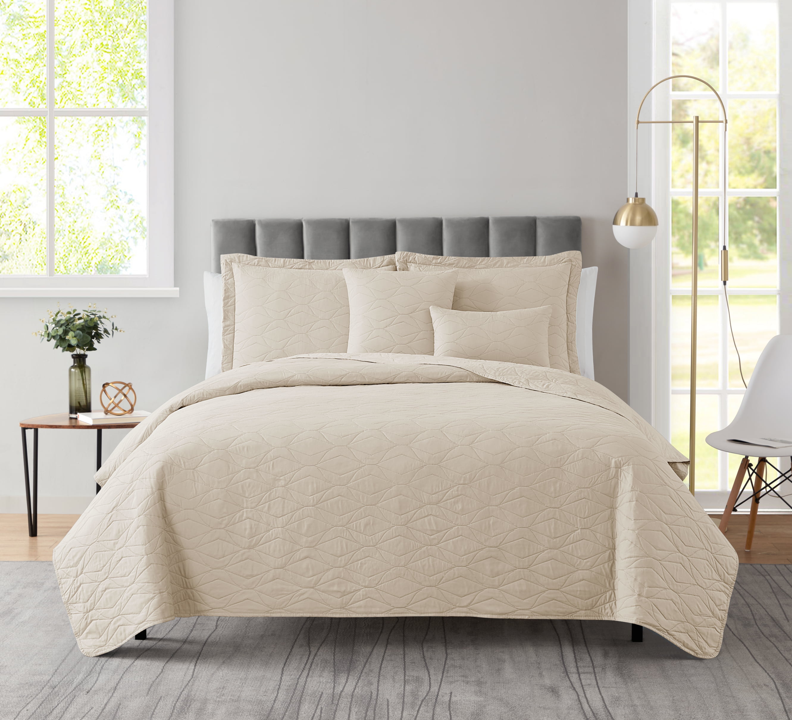 Nestl 5 Piece Quilt Set King with Pillow Shams and Euro Shams, Soft Microfiber Lightweight Bedspread Coverlet, Modern Style Ellipse Weave Bed Cover, Beige Cream