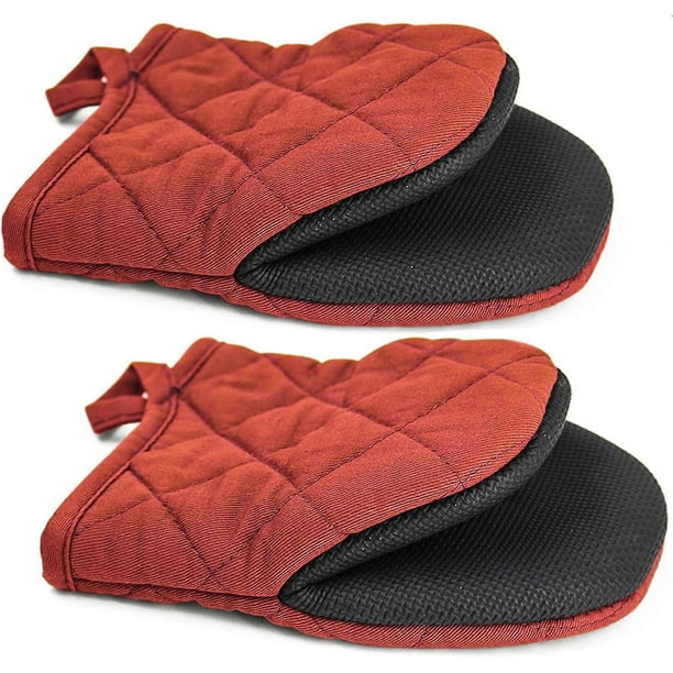Mini Oven Mitts Microwave Mitts Pot Holder Heat Resistant Neoprene Cotton Gloves Surfaces Non-Slip Short Oven Gloves, Red 1 Pair