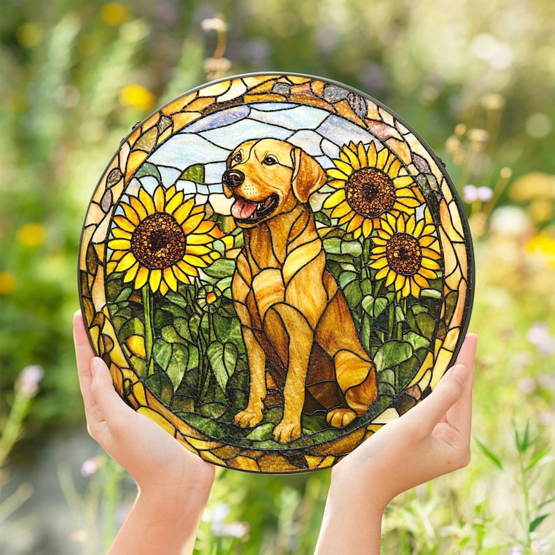 Labrador Stained Glass Suncatcher, Sunflower Dog Window Panel, Farmhouse Garden Style, Pet Lover Decor, Gift for Dog Owners, Dog Lover