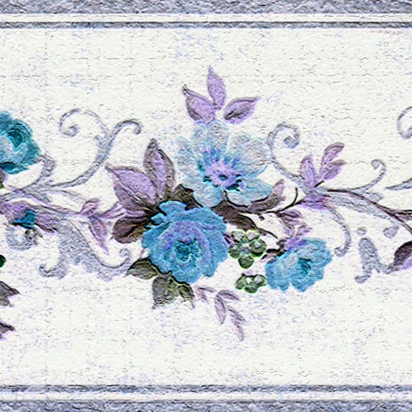 Dundee Deco's Peel and Stick Wallpaper Border - Damask Purple Blue Flowers on Vines Wall Border Retro Design, 15 ft x 7 in (4.57m x 17.78cm), Self Adhesive