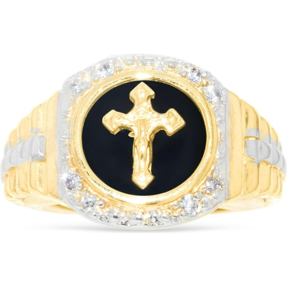 Floreo 10k Yellow Gold 14mm Jesus Crucifix Cross Onyx Railroad CZ Religious Ring, Sizes 5 - 13