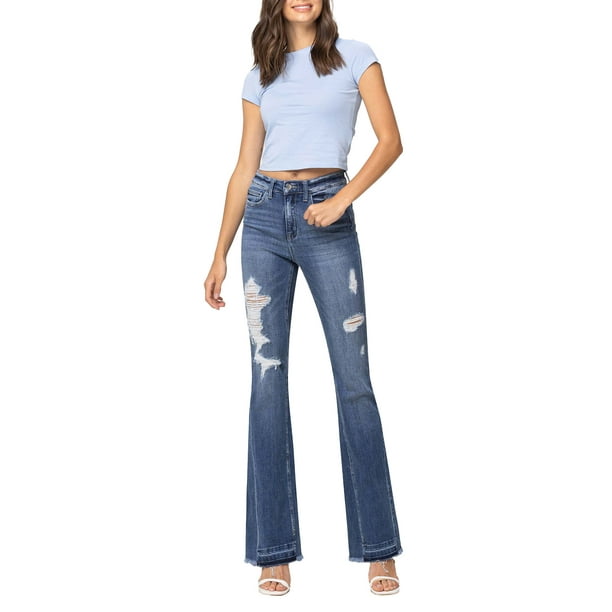 Flying Monkey Farewell High Rise Distressed Insert Panel Released Hem Flare Jeans F4048