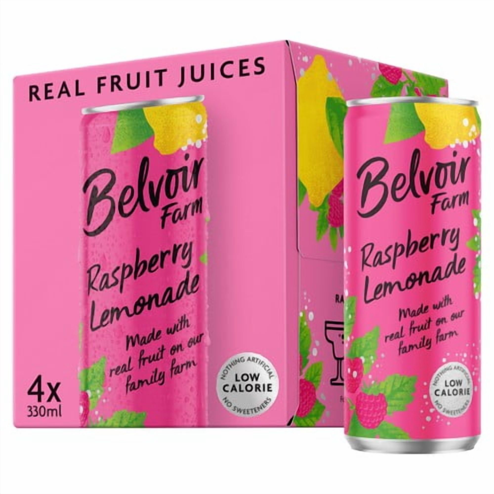 Belvoir Farm Delicious & Light Raspberry Lemonade 4 x 330ml, British Import (Pack of 2)