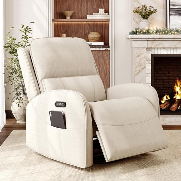Virans Power Recliner Chair for Adults,Comfy Linen Fabric Recliner with Power Headrest/Lumbar Support/Charging Ports,Electric Recliner Single Sofa Chair for Living Room/Bedroom,White