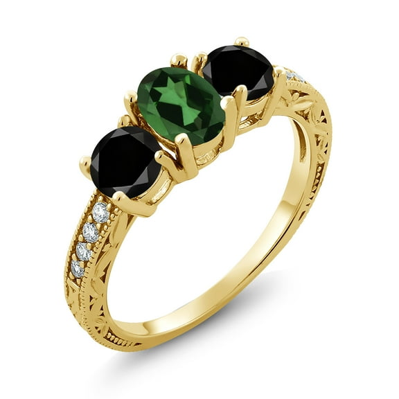 Gem Stone King 2.02 Ct Emerald Envy Mystic Topaz Black Diamond 18K Yellow Gold Plated Silver Moissanite Ring (Size 5)