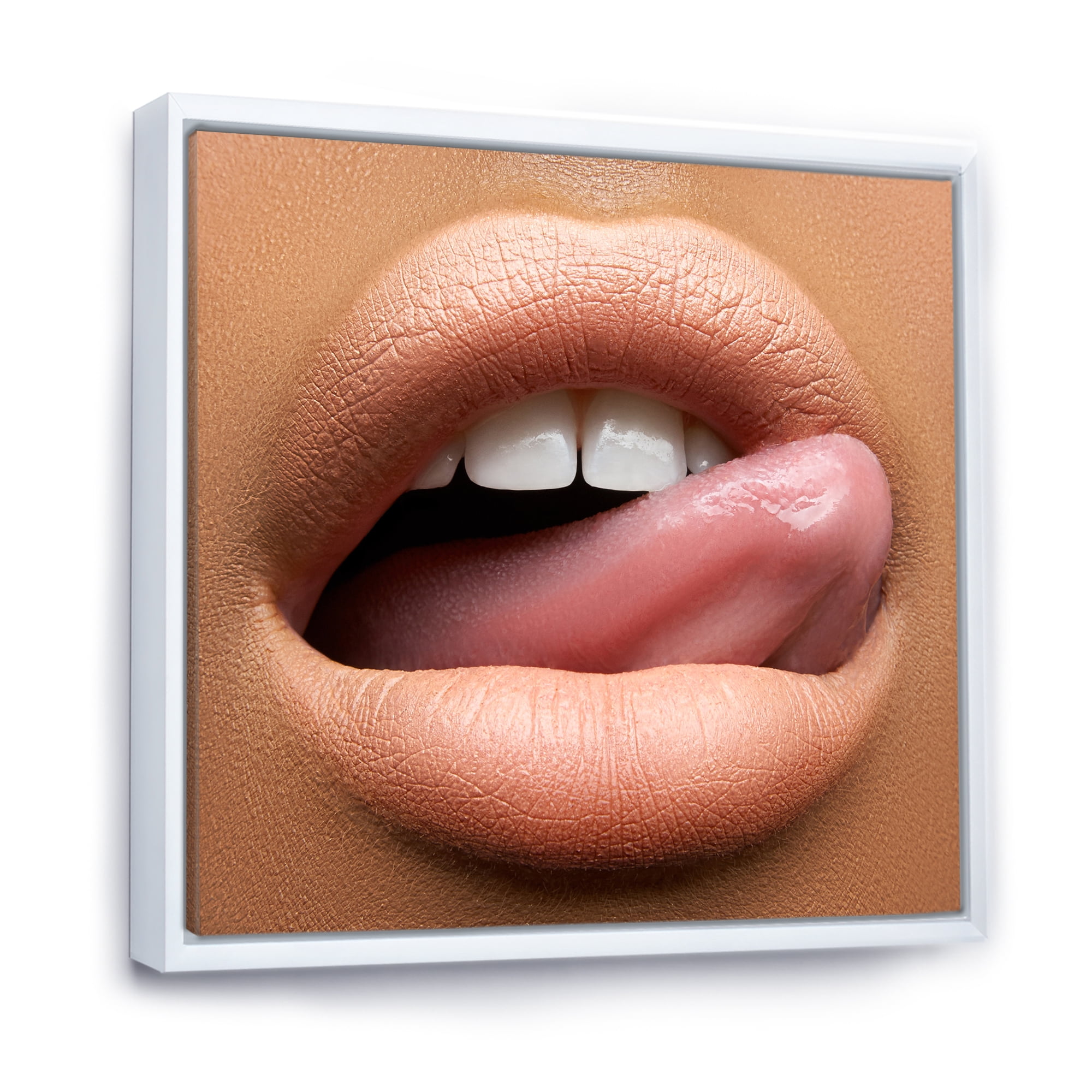 Beautiful Dark Skinned Female Tongue Touching Lips 16 in x 16 in Framed Photography Canvas Art Print, by Designart